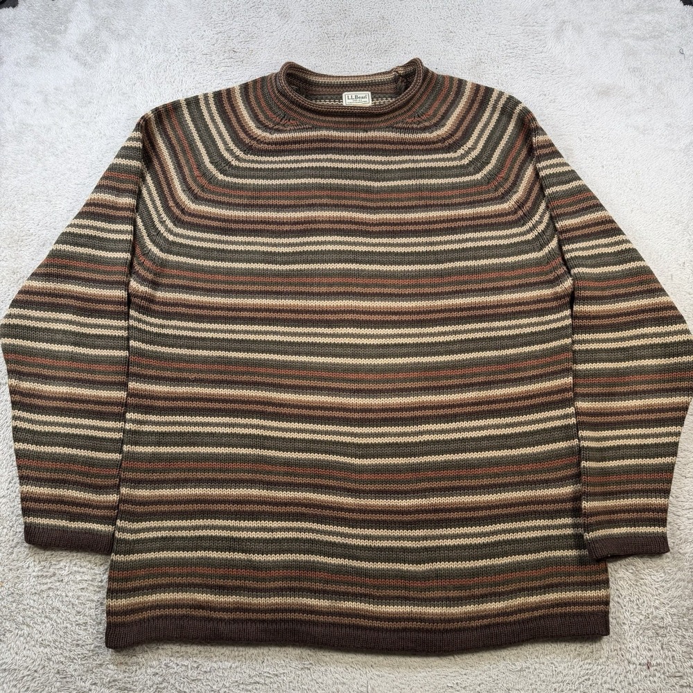 Vintage LL Bean Sweater Mens 2XLT Brown Striped Roll Neck Cotton Pullover